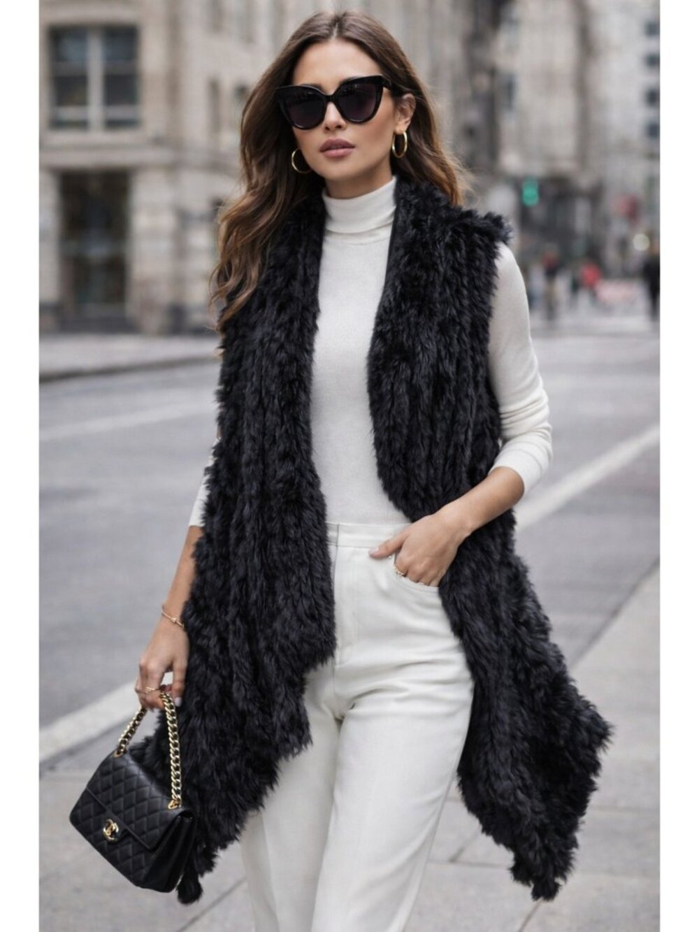 Boho Chic Rabbit Fur Vest Women M Black Real Fur Shawl Wrap Knit Open Front